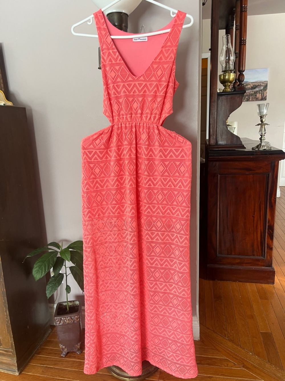 Dainty Hooligan Coral Sleeveless Geometric Maxi Dress